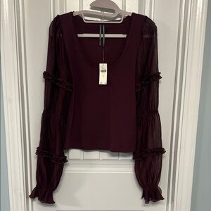 Anthropologie Deep Burgundy Blouse with Sheer Sleeves